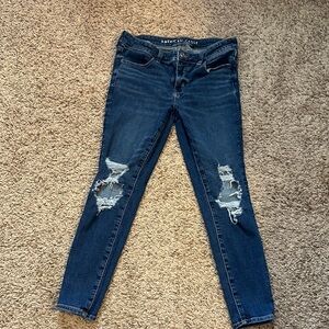 American Eagle Outfitters Women's Dark Blue Ripped Skinny Jeans